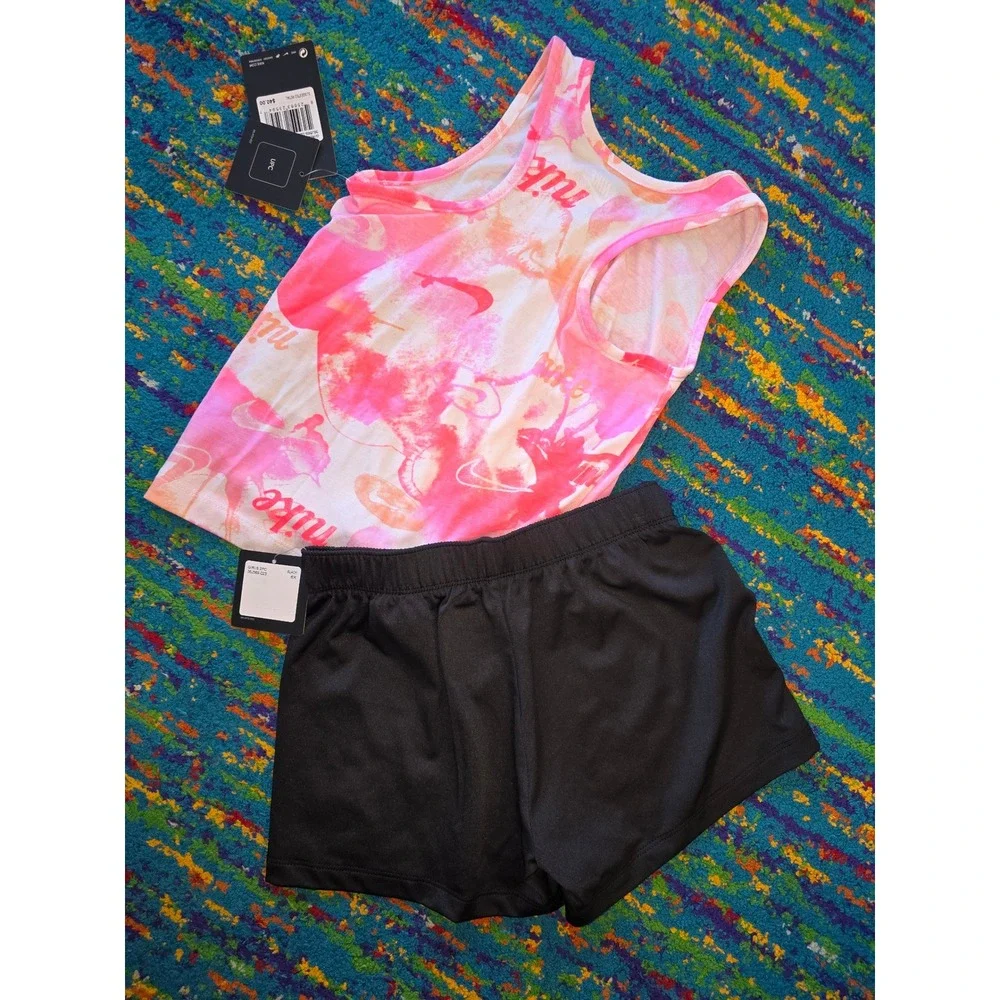 NWT Nike 2 Piece Set Pink Orange Tie Dye Tank and Black Shorts Girls 6X